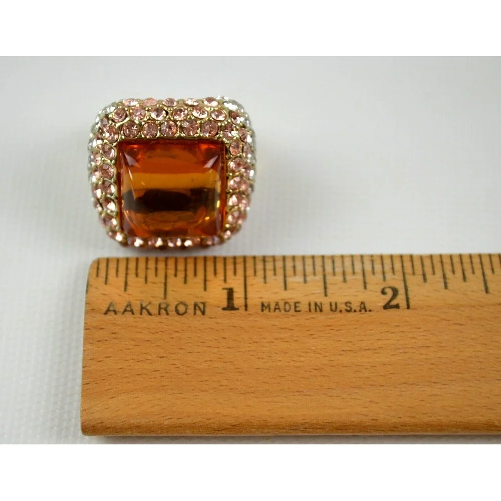 Gold Tone Ring with Yellow Glass Stone Surrounded‎ by Rhinestones Size 8